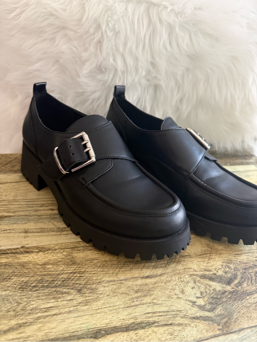 Goth style Marc Fisher Black Chunky Lug Sole Buckle Loafers
